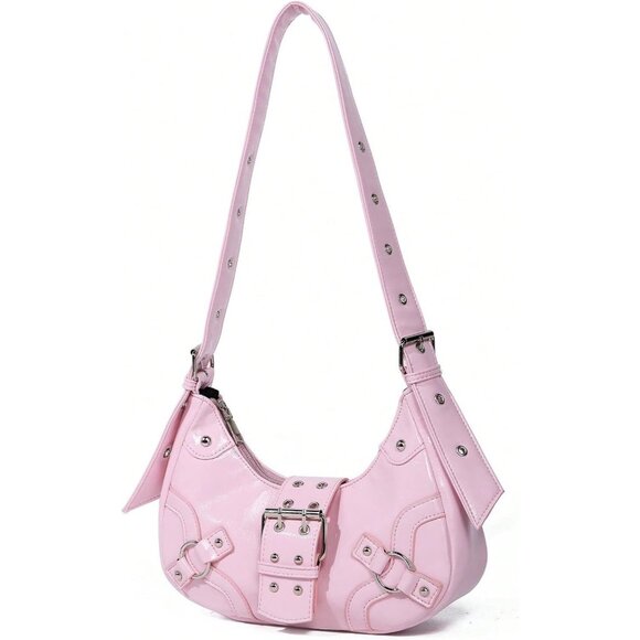 Women's Studded PU Leather Tote Handbag Adjustable Strap Boho Bags -Pink - Picture 7 of 9